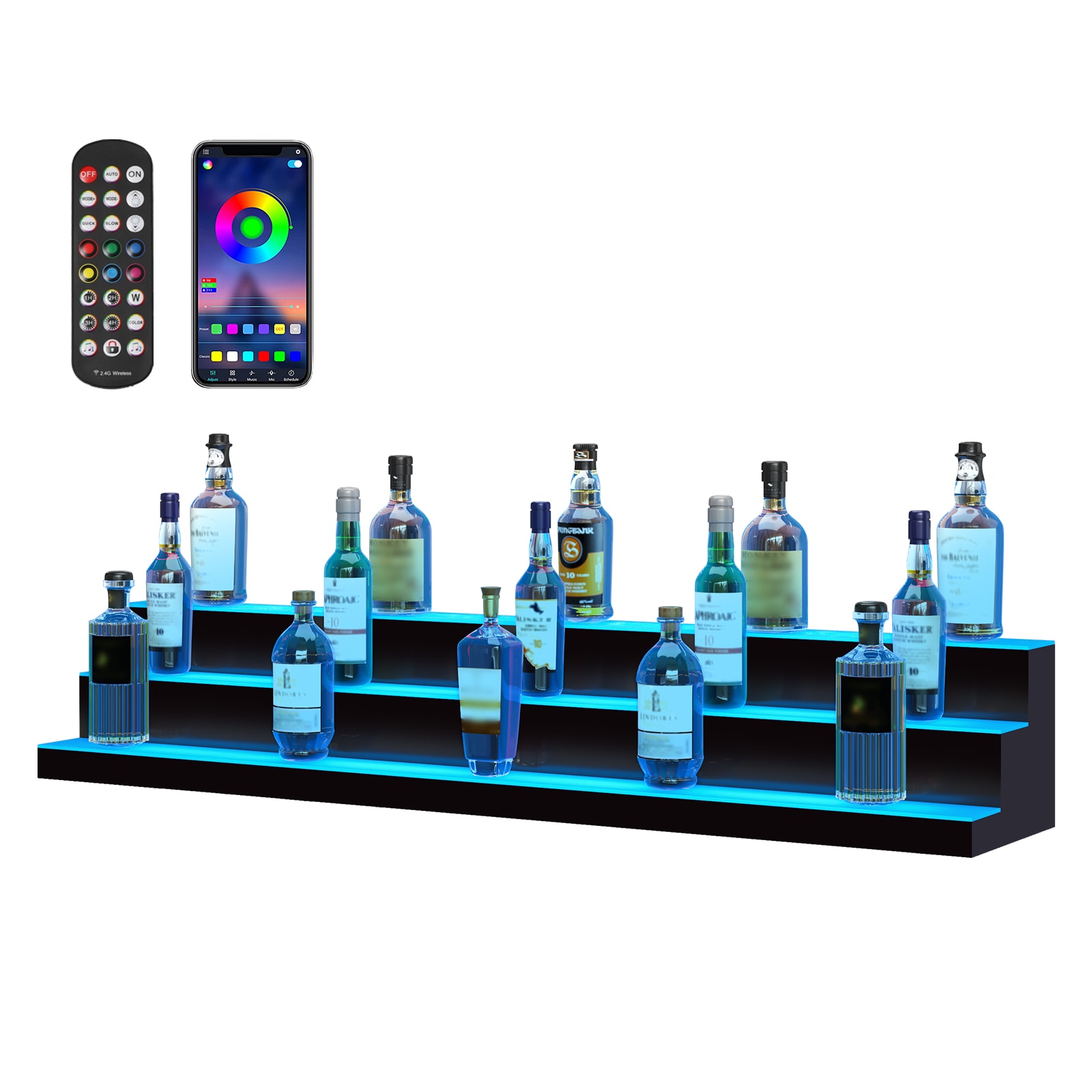 LED Lighted Liquor Bottle Display Bar Shelf RF & App Control 60" 3-Step_voghion.com